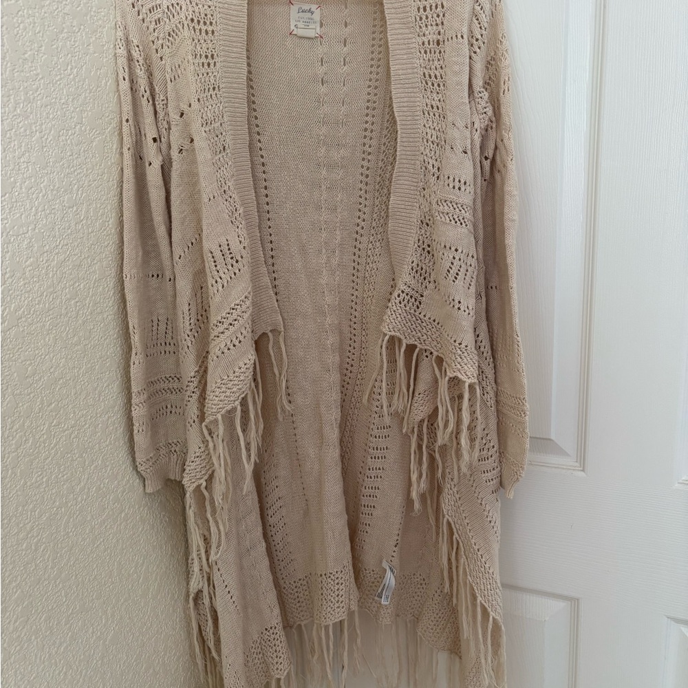 Lucky Brand Cream Knit Cardigan with Fringe